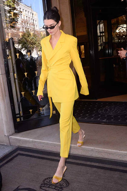 #93 Kendall all yellow suit paired with a satin heel copy